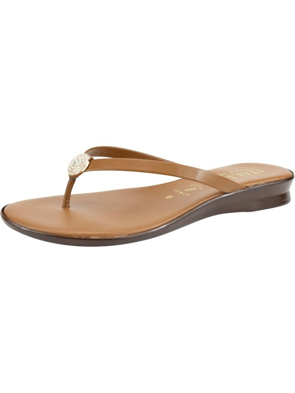 Women's Luggage Bethy Thin Strap Short Wedge Thong Ornamental Padded Flats